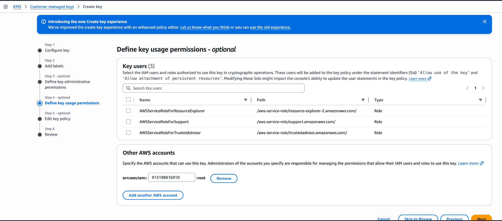 AWS KMS Define key usage permissions step shown as an anti-pattern: adding Anthropic's account ID 915198916910 under Other AWS accounts here yields an over-permissive policy. Skip this step and leave it empty.