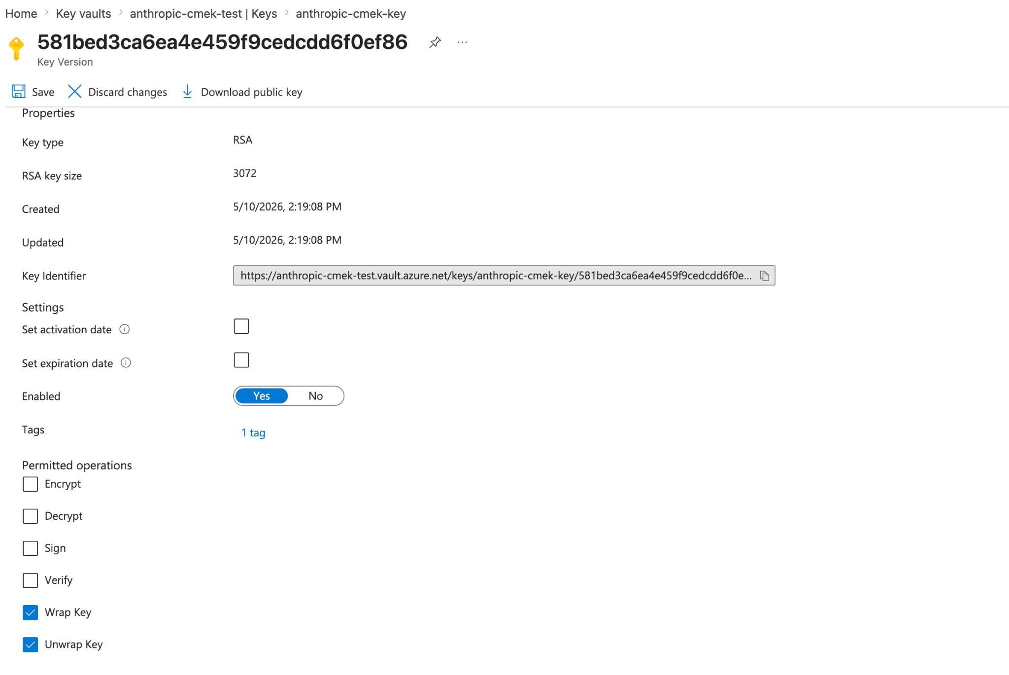 Azure Key Vault key version with 1 tag and Permitted operations limited to Wrap Key and Unwrap Key.