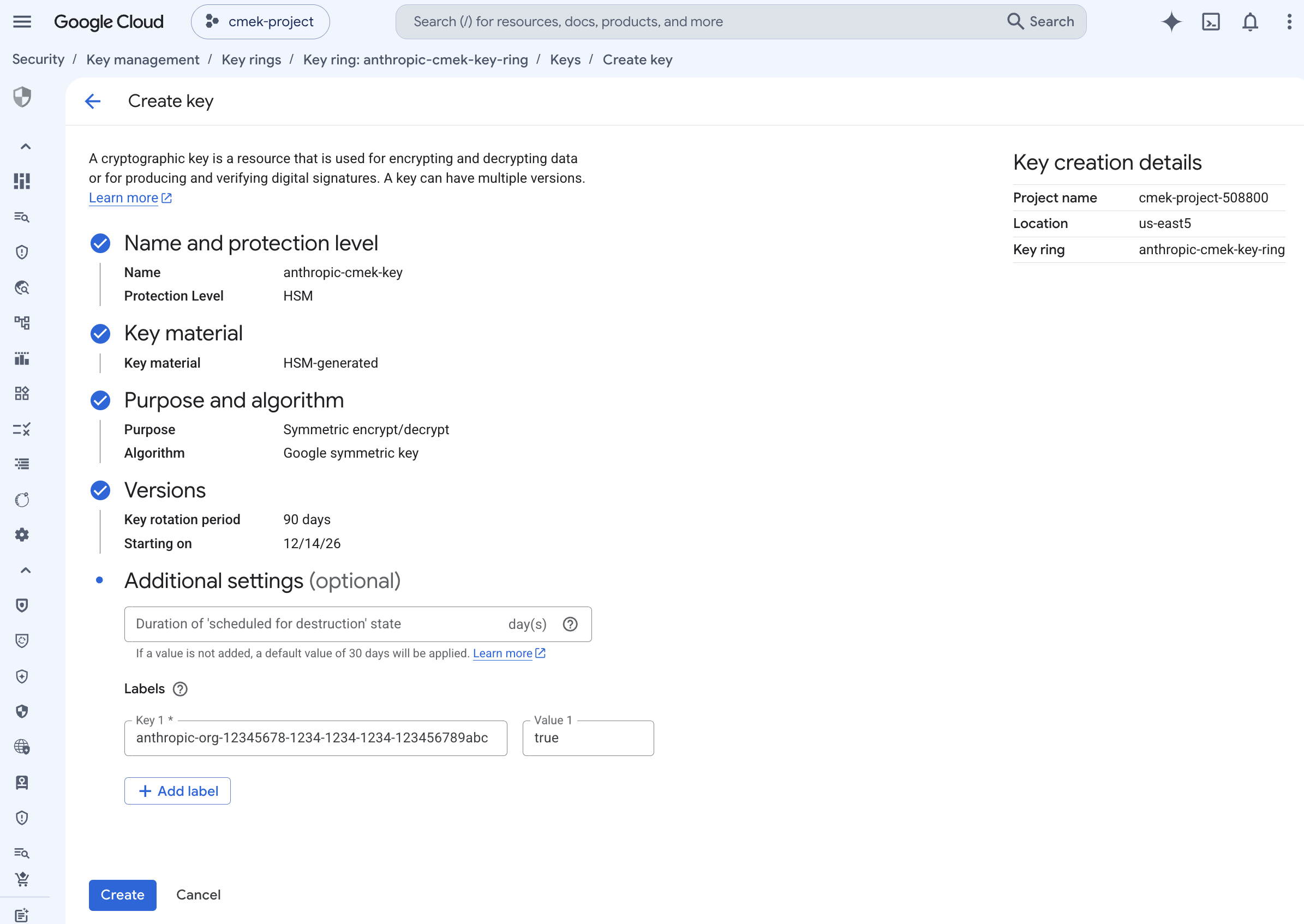 Google Cloud KMS Create key page with HSM protection, symmetric encrypt/decrypt, and the anthropic-org label set to true.