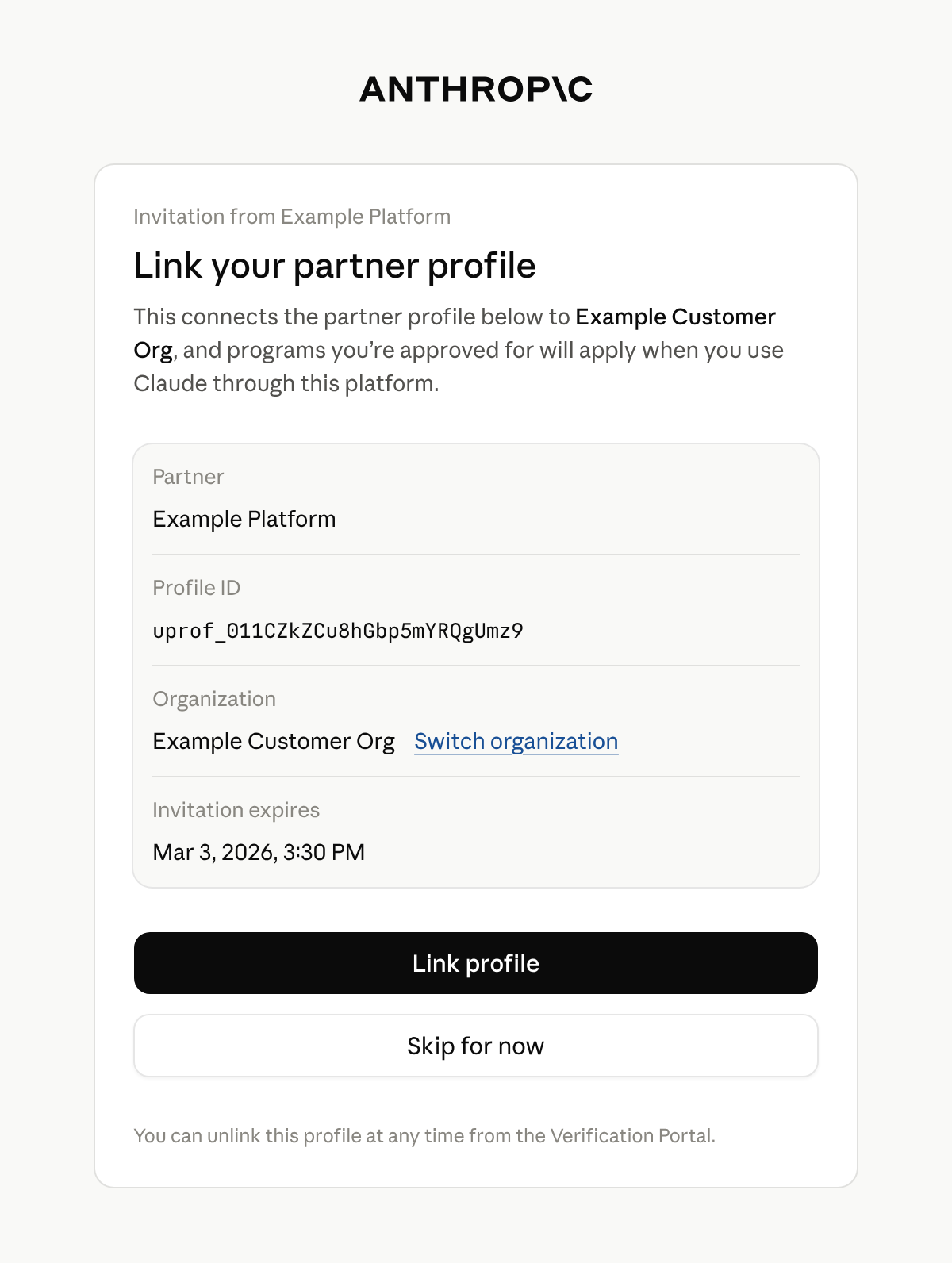 Verification Portal card titled Link your partner profile, with the partner, profile ID, organization, and expiry shown.