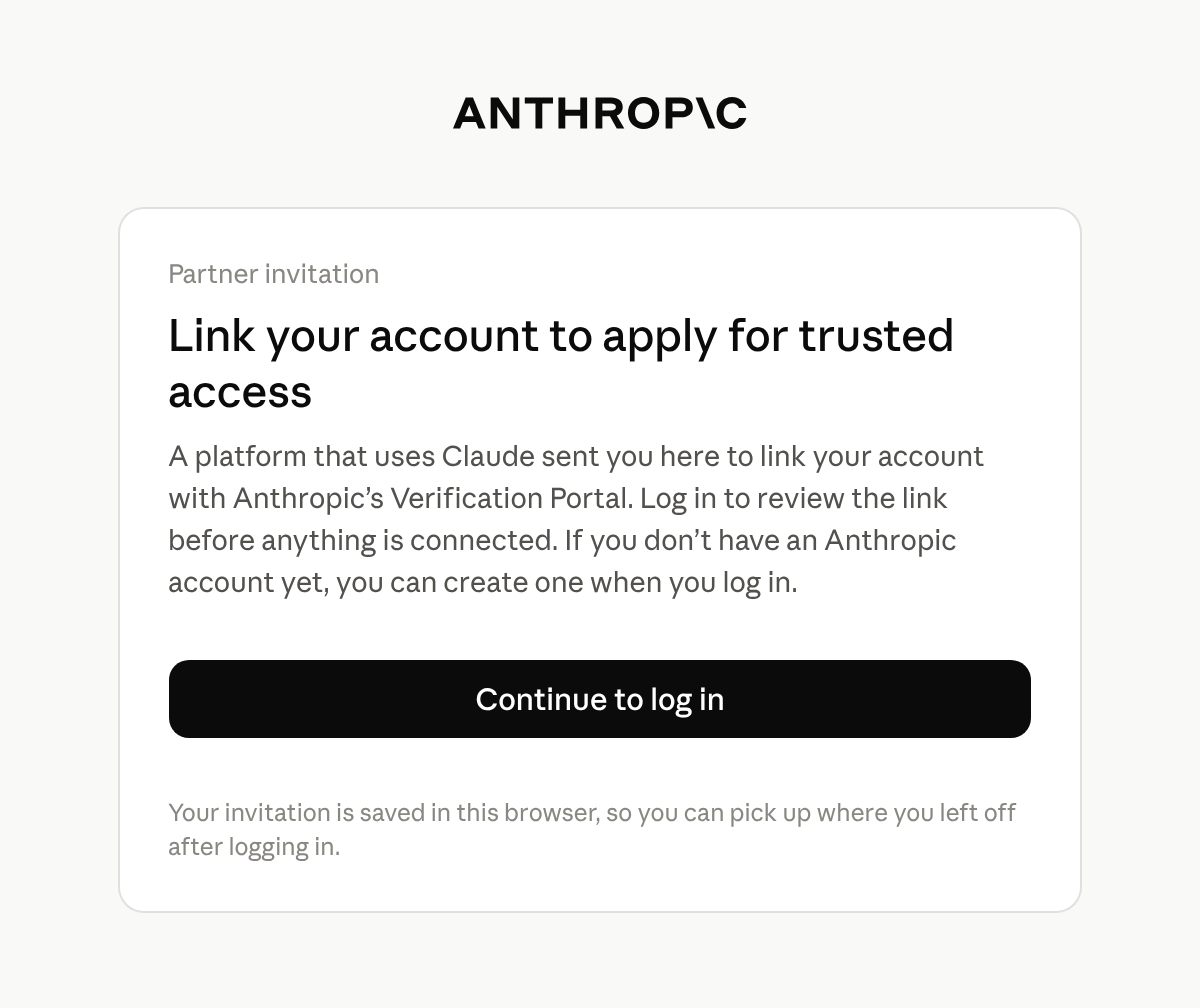 Verification Portal card titled Link your account to apply for trusted access, with a Continue to log in button.